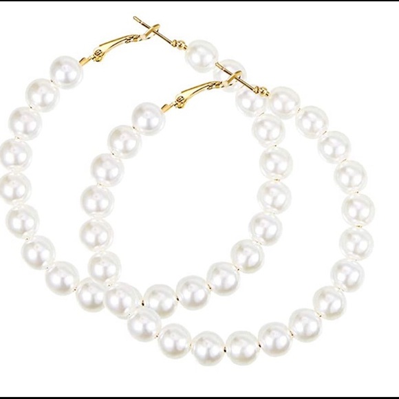 Faux Pearl Hoop Earrings Circle - Picture 7 of 7